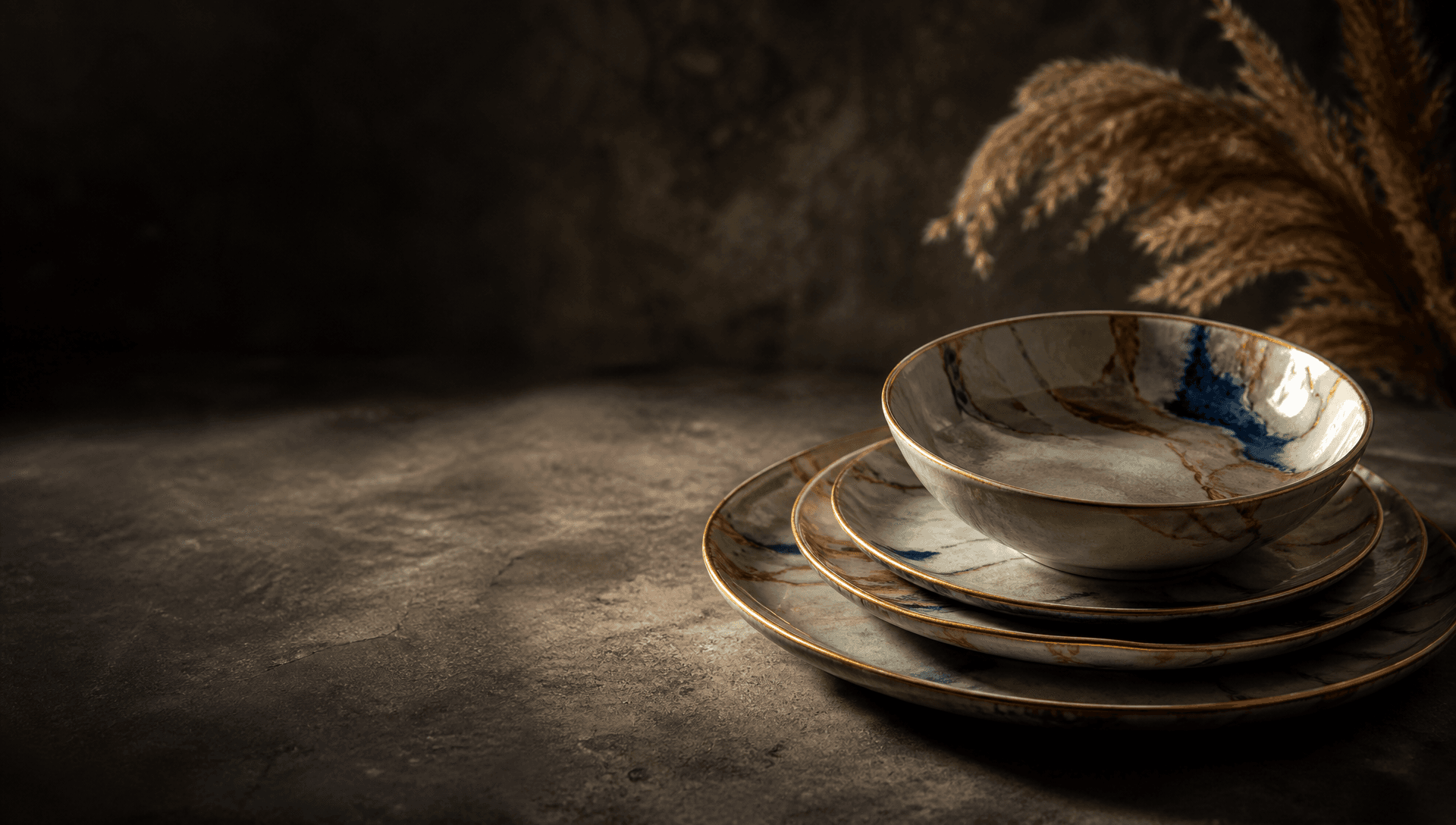 Marble-glazed serveware in low light