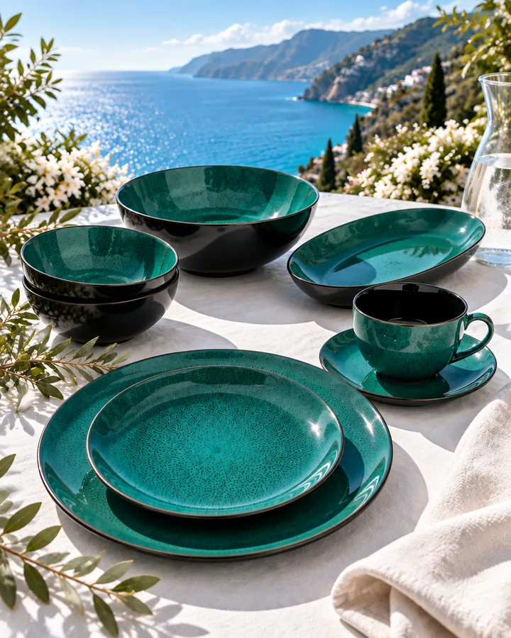 The Lamer Sea Green dinner set on a sunlit terrace