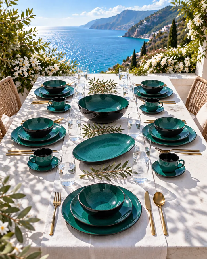 A table laid with the Lamer Sea Green set