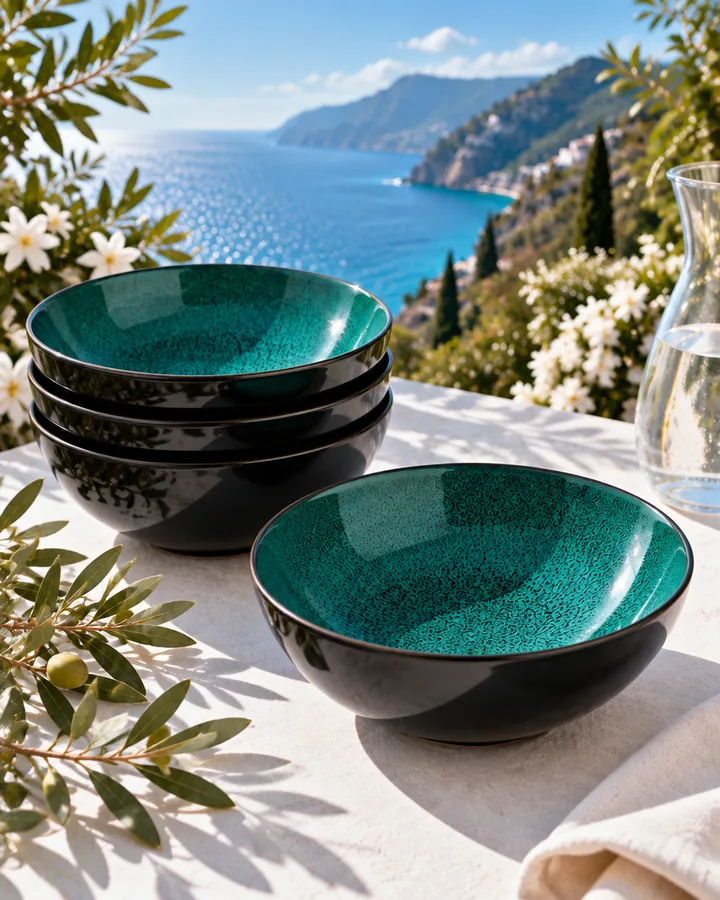 Lamer Sea Green bowls, glossy black outside and sea green inside
