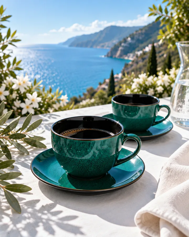 Lamer Sea Green cups and saucers with coffee