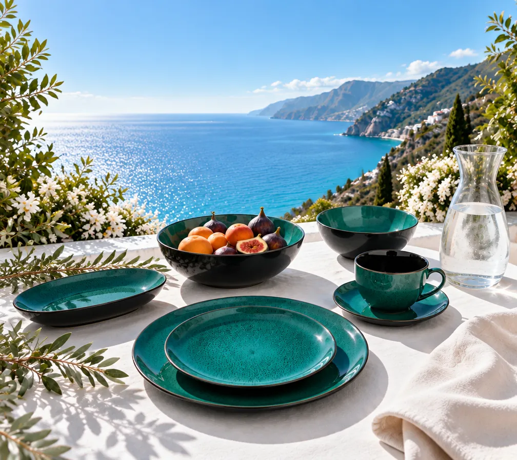 Lamer Sea Green plates, bowls and a cup and saucer on a sunlit terrace above the sea