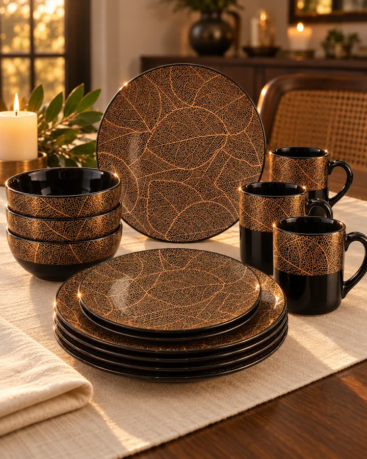 The Luxe Leaf 24-piece dinner set in warm candlelight