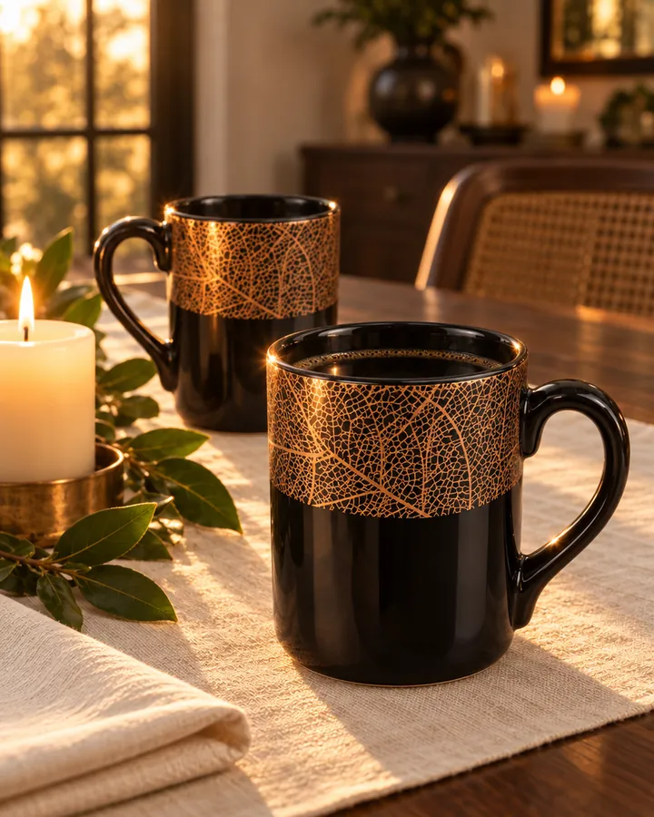 Two Luxe Leaf mugs on a linen runner