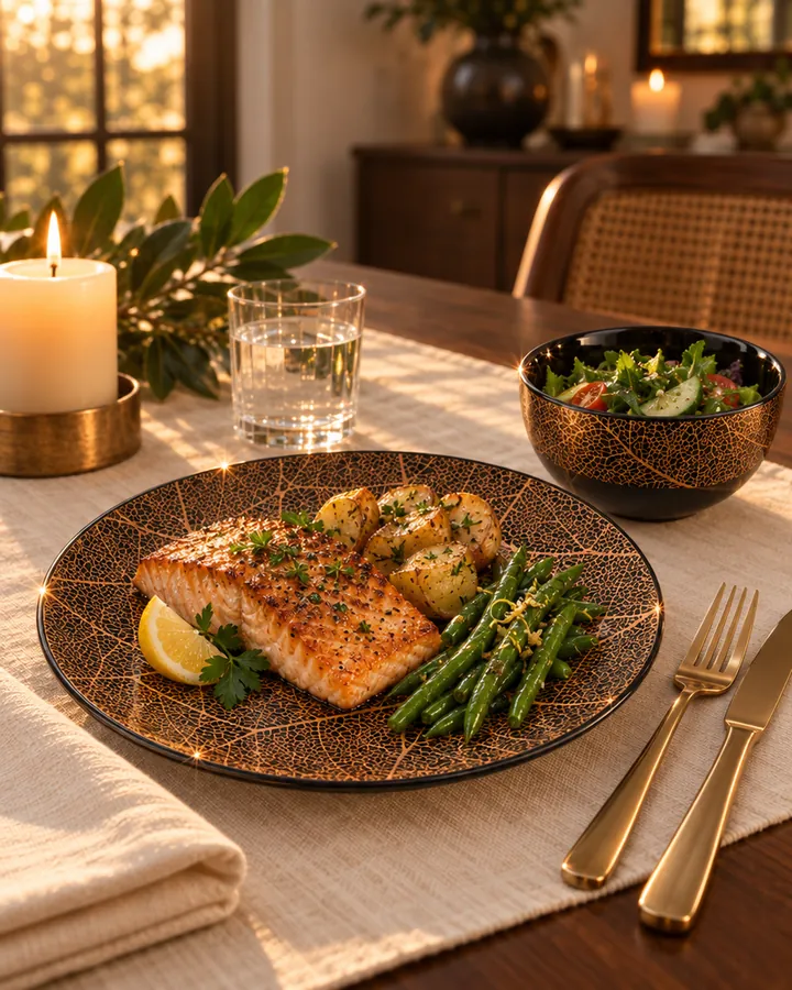 A Luxe Leaf dinner plate with salmon and a small bowl of salad