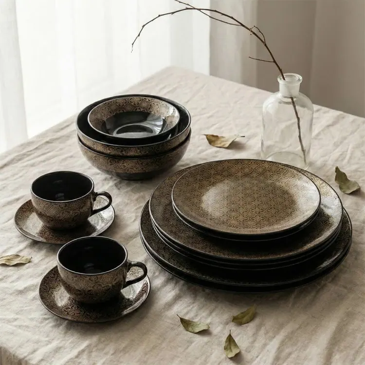 32 Pcs Dinner Set | Black & Gold | Luxe Leaf